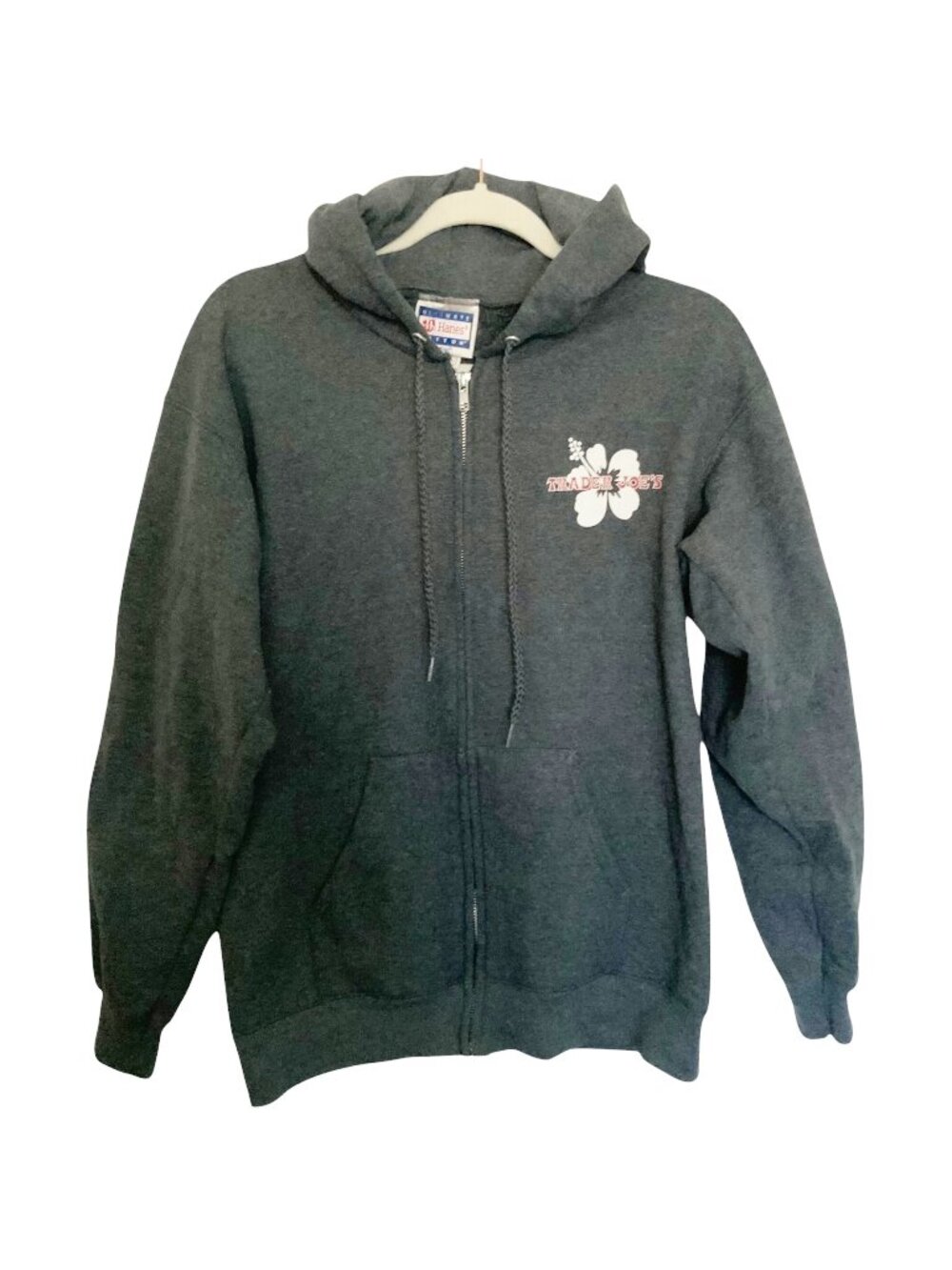 Trader Joe's Gray Zip-Up Hoodie Sweatshirt Hibiscus Logo Hanes Size Small